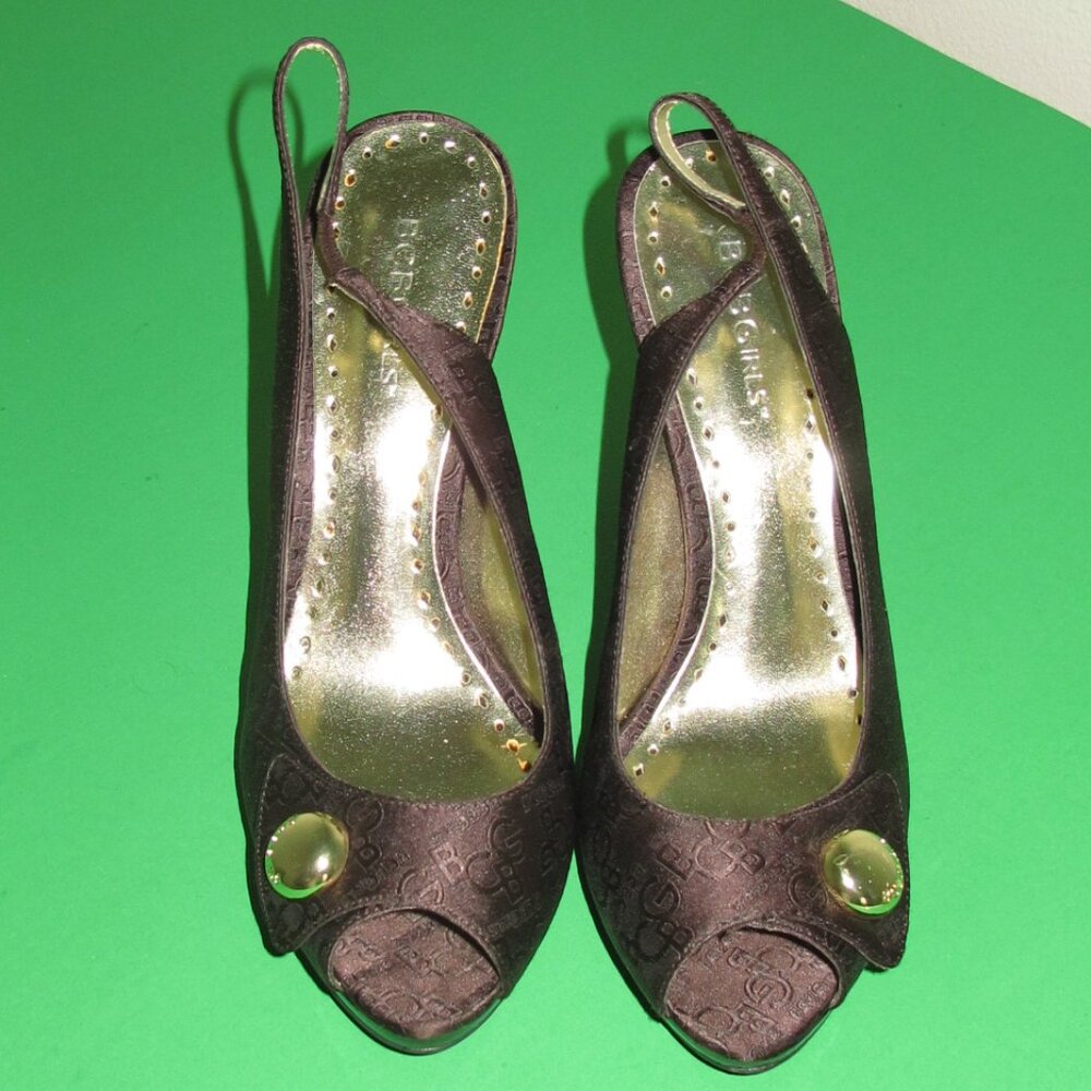 BCBGirls Brown Monogram Peep Toe Slingback Size 9